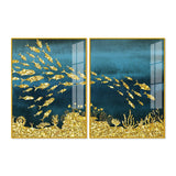 Beautiful Ocean View of Golden Fish Pattern Acrylic Floating Wall Painting Set Of 2 - Decor Smart