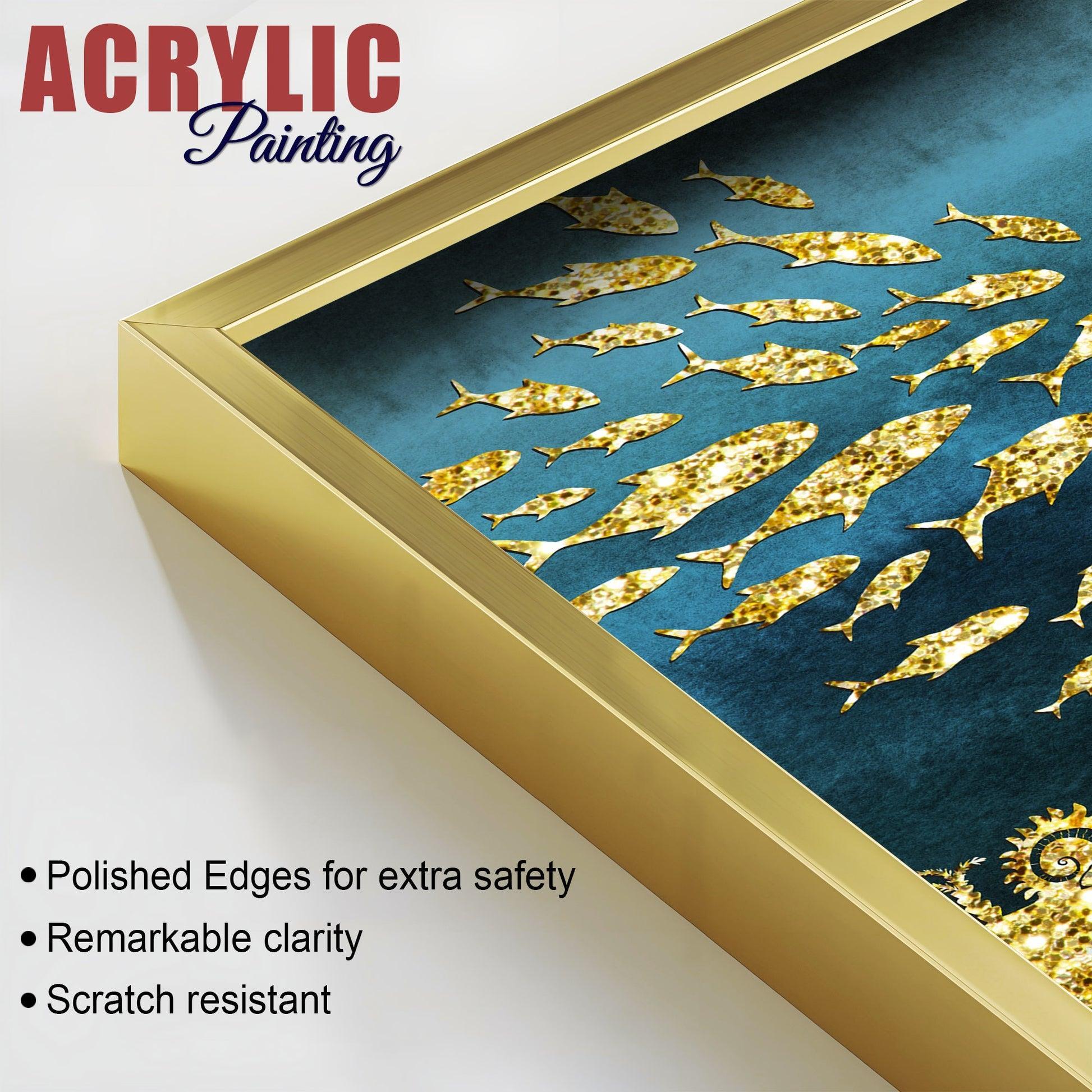 Beautiful Ocean View of Golden Fish Pattern Acrylic Floating Wall Painting Set Of 2 - Decor Smart