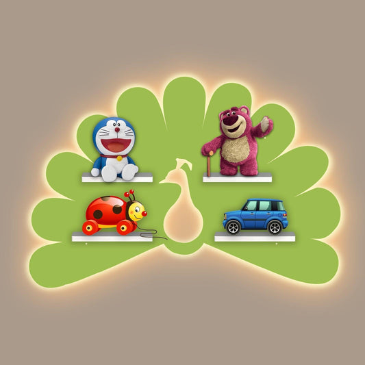 Beautiful Peacock Shape Wooden LED Light Wall Shelf for Kids - Decor Smart