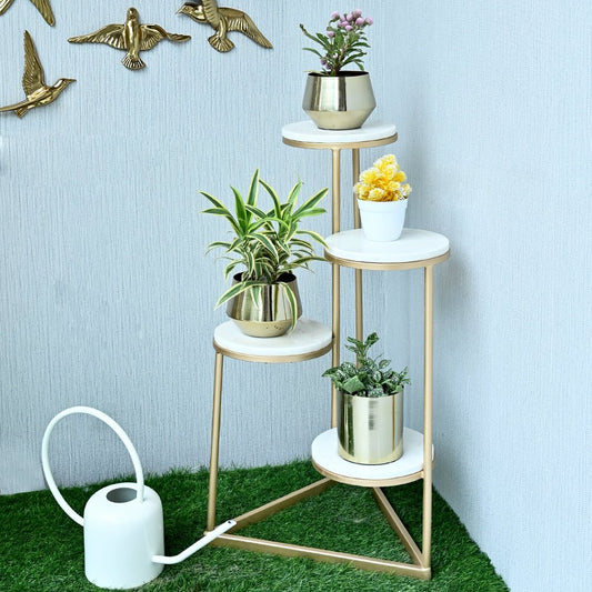 Beautiful Premium Looking Sturdy Metal Planter Stand With White Round Marble At Top - 4 Tier - Decor Smart