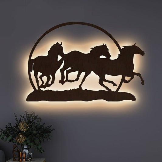 Beautiful Running Horse Backlit Wooden Wall Decor with LED Night Light Walnut Finish - Decor Smart