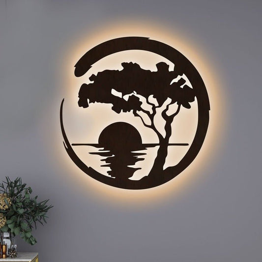 Beautiful Sunset Scenery Backlit Wooden Wall Decor with LED Night Light Walnut Finish - Decor Smart