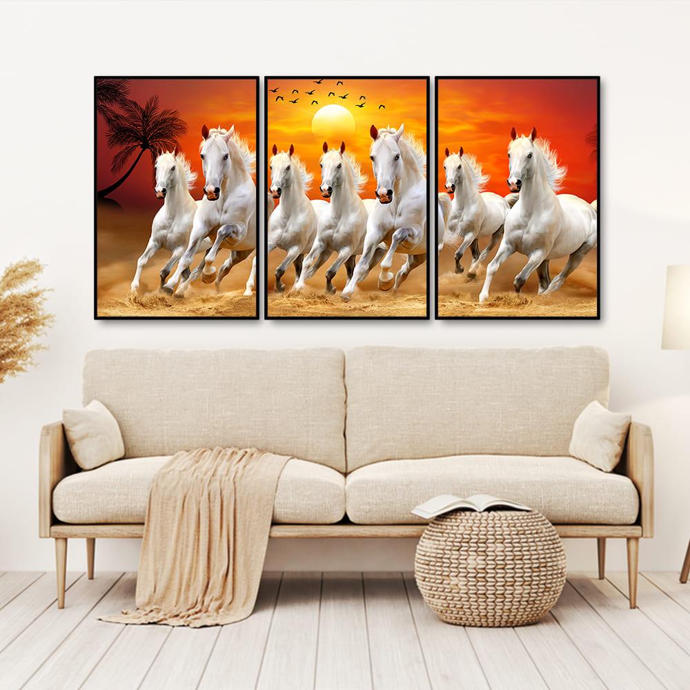 Beautiful Sunset with Running Horses Scenery Floating Wall Painting Set of 3 - Decor Smart