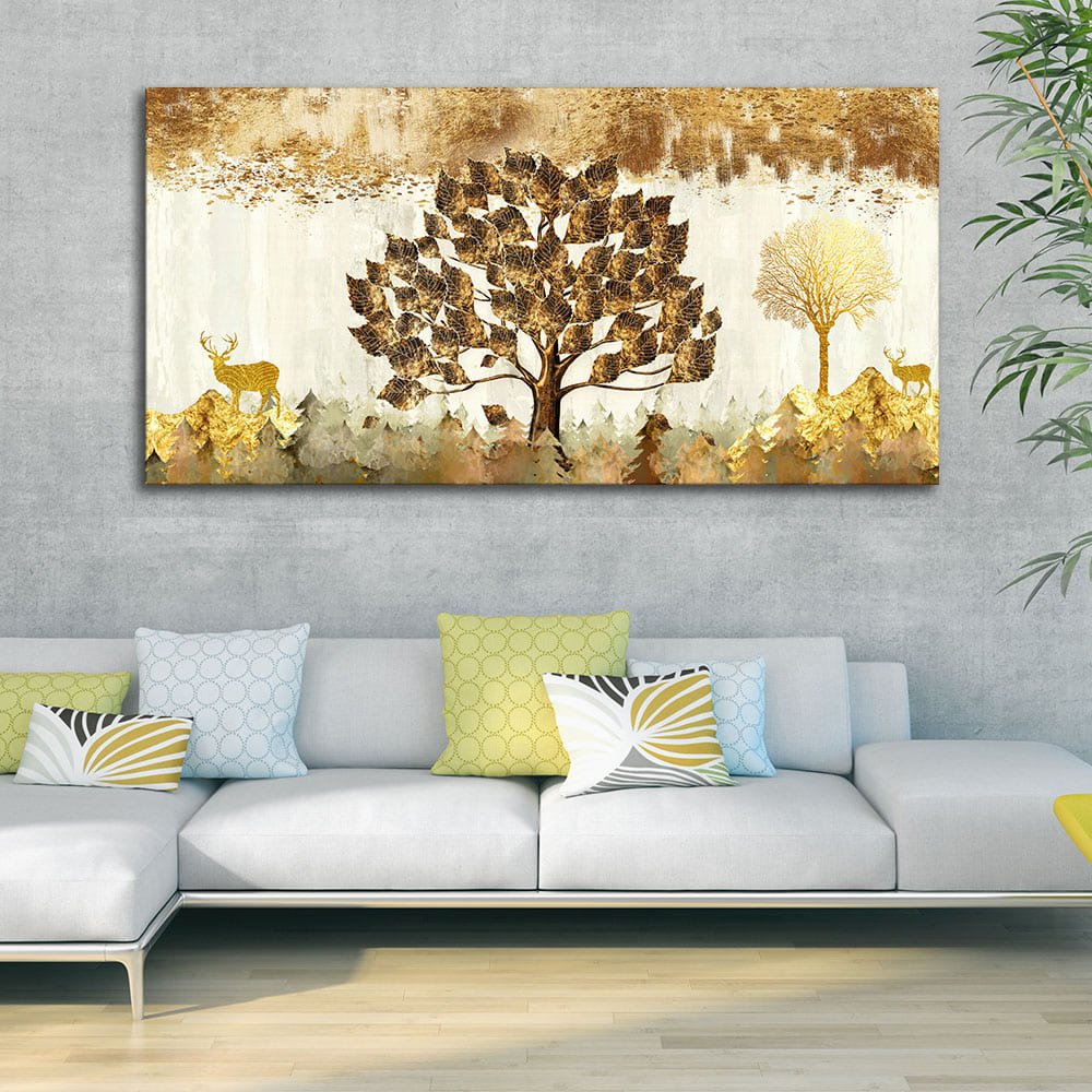 Beautiful Tree and Golden Deer Canvas Wall Painting - Decor Smart