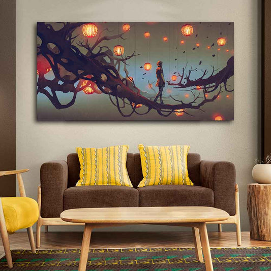 Beautiful Wall Painting of Man Walking on Tree with many Lanterns Background - Decor Smart