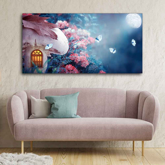 Beautiful Wall Painting of Mushroom House in Enchanted Fairy Tale Forest - Decor Smart
