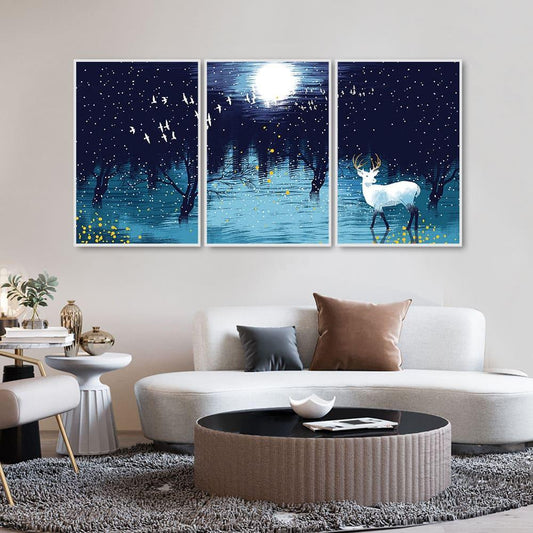 Beautiful White Deer in Full Moon Night Floating Canvas Wall Painting Set of Three - Decor Smart