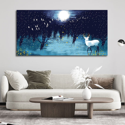White Deer in Full Moon Night Premium Wall Painting - Decor Smart