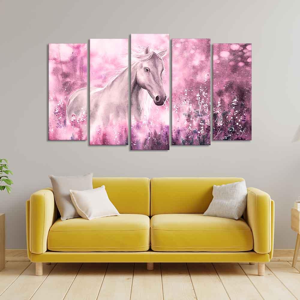 Beautiful White Horse Premium Wall Painting of Five Pieces - Decor Smart