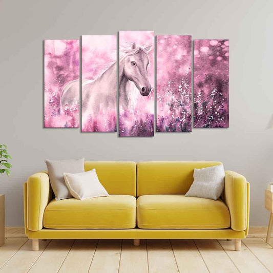 Beautiful White Horse Premium Wall Painting of Five Pieces - Decor Smart