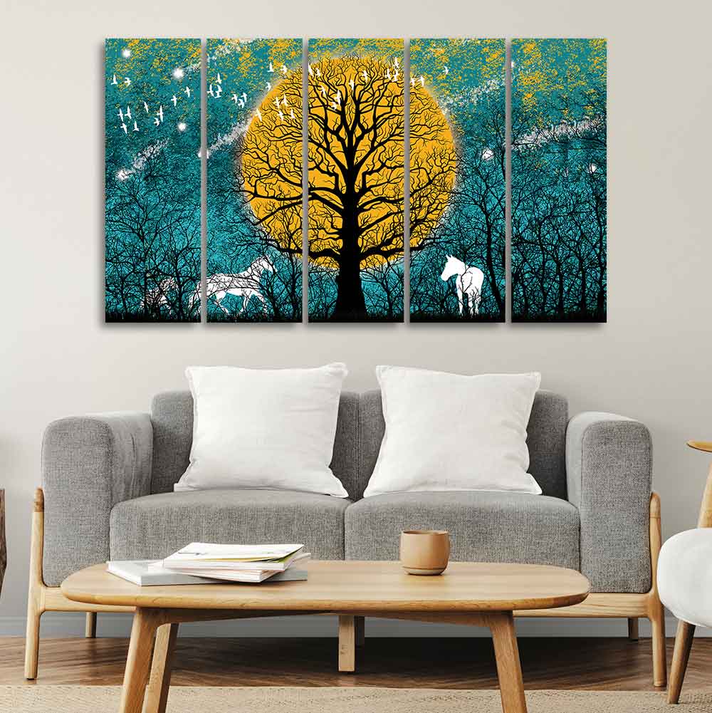 Beautiful White Horses in Forest Premium Wall Painting of Five Pieces - Decor Smart