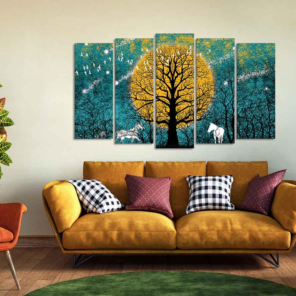 Beautiful White Horses in Forest Premium Wall Painting Set of Five Pieces - Decor Smart