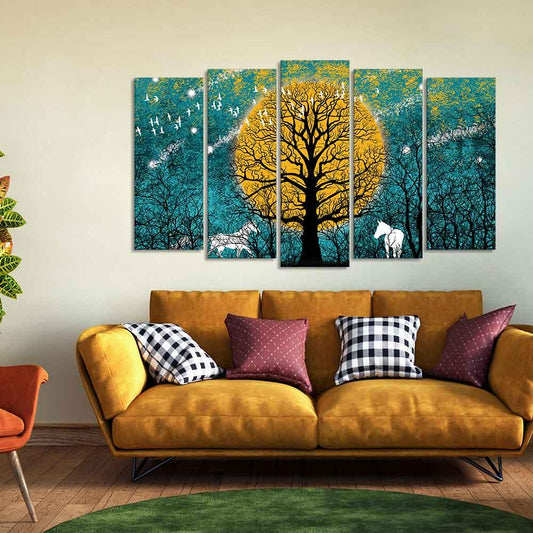 Beautiful White Horses in Forest Premium Wall Painting Set of Five Pieces - Decor Smart