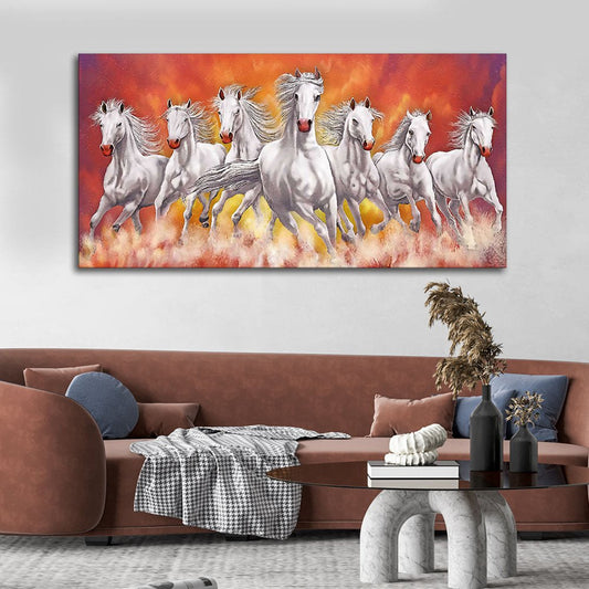 Beautiful White Seven Running Horse Premium Canvas Wall Painting | Decor Smart
