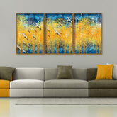 Birds Flying Over Golden Trees Forest Floating Canvas Wall Painting Set of Three - Decor Smart