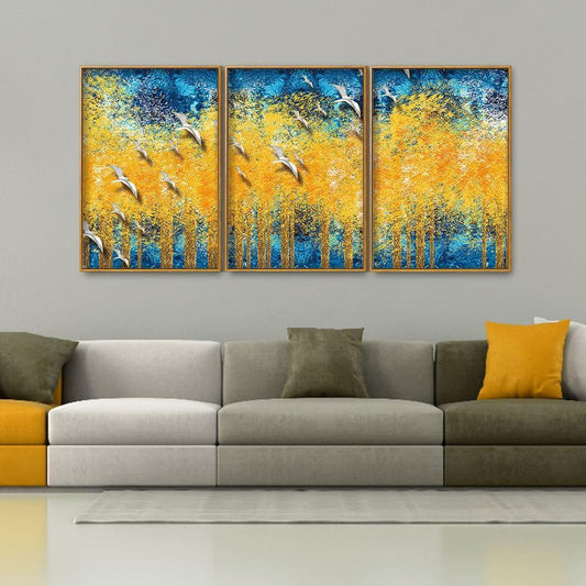 Birds Flying Over Golden Trees Forest Floating Canvas Wall Painting Set of Three - Decor Smart