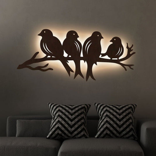 Birds Sitting on Branch Backlit Wooden Wall Decor with LED Night Light Walnut Finish - Decor Smart