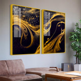 Black and Gold Swirling Acrylic Floating Wall Painting Set of 2 - Decor Smart