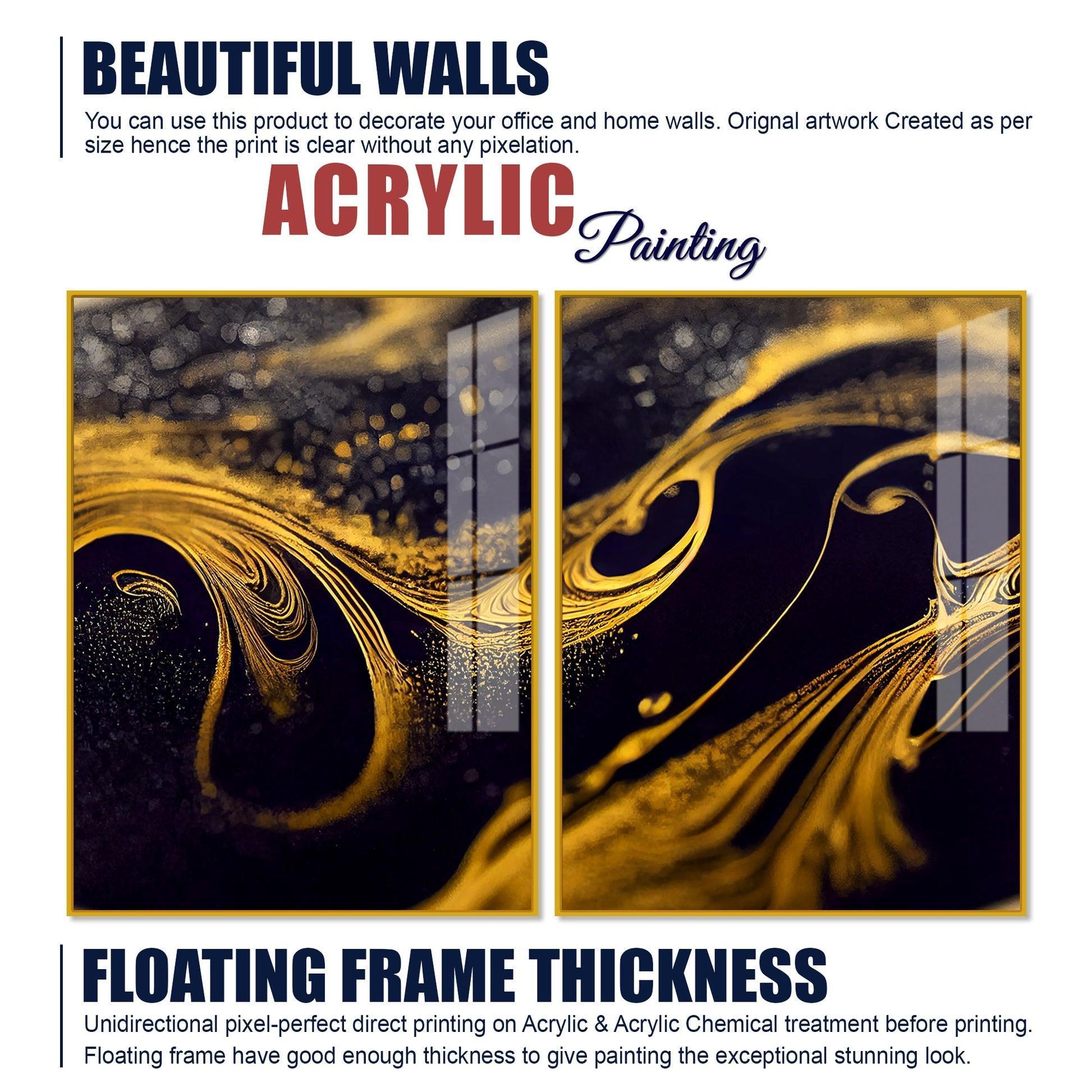 Black and Gold Swirling Acrylic Floating Wall Painting Set of 2 - Decor Smart