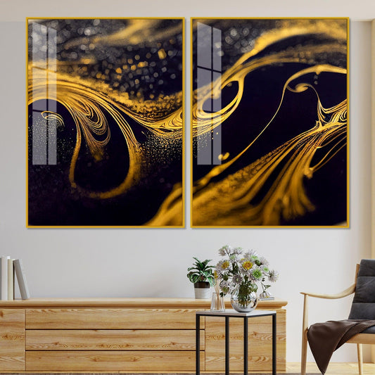 Black and Gold Swirling Acrylic Floating Wall Painting Set of 2 - Decor Smart