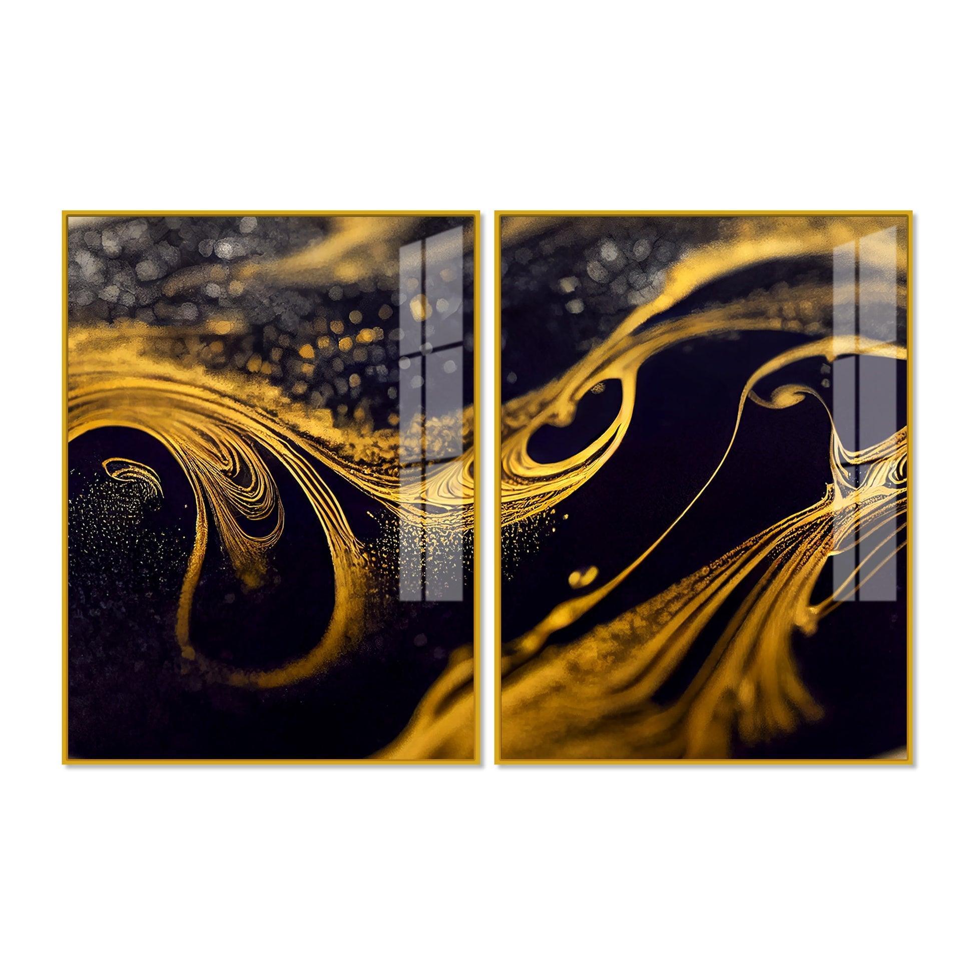 Black and Gold Swirling Acrylic Floating Wall Painting Set of 2 - Decor Smart