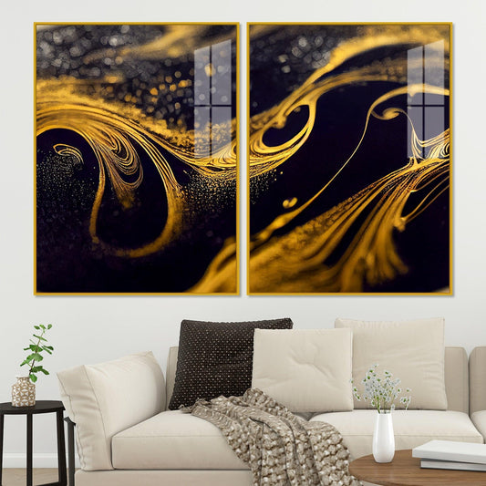 Black and Gold Swirling Acrylic Floating Wall Painting Set of 2 - Decor Smart