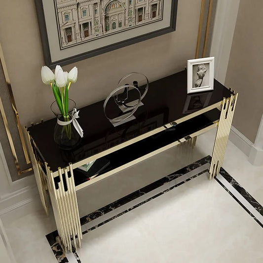 Black Faux Marble 2 - Tier Narrow Console Table - Decor Smart