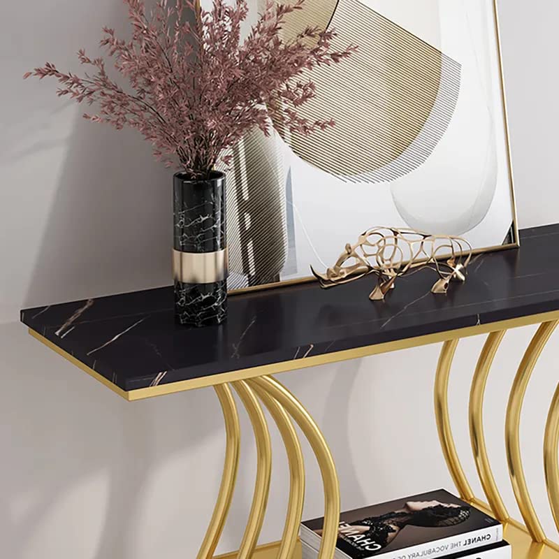 Black Narrow With Shelf Marble Top Console Table - Decor Smart