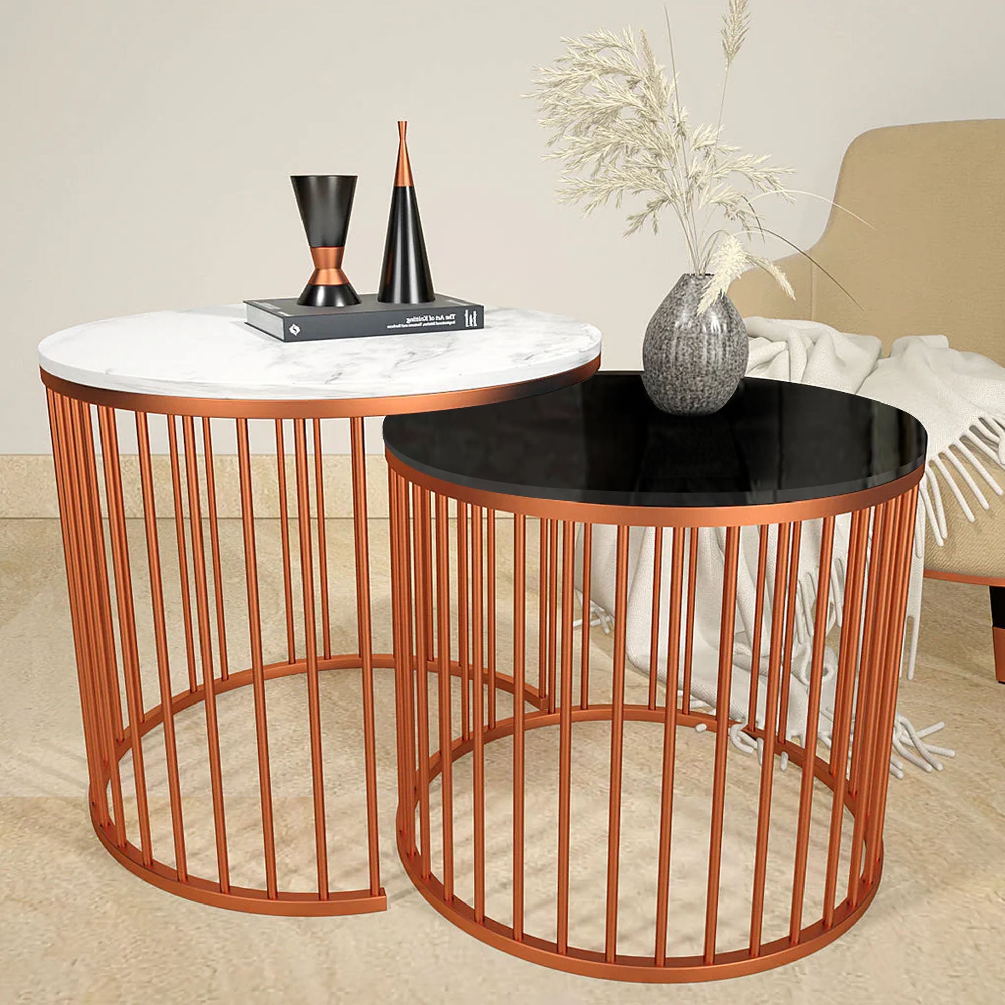 Black & White Caged Copper Nesting Table Set of 2 - Decor Smart