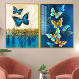 Blue and Golden Butterflies Acrylic Floating Wall Painting Set of 2 - Decor Smart