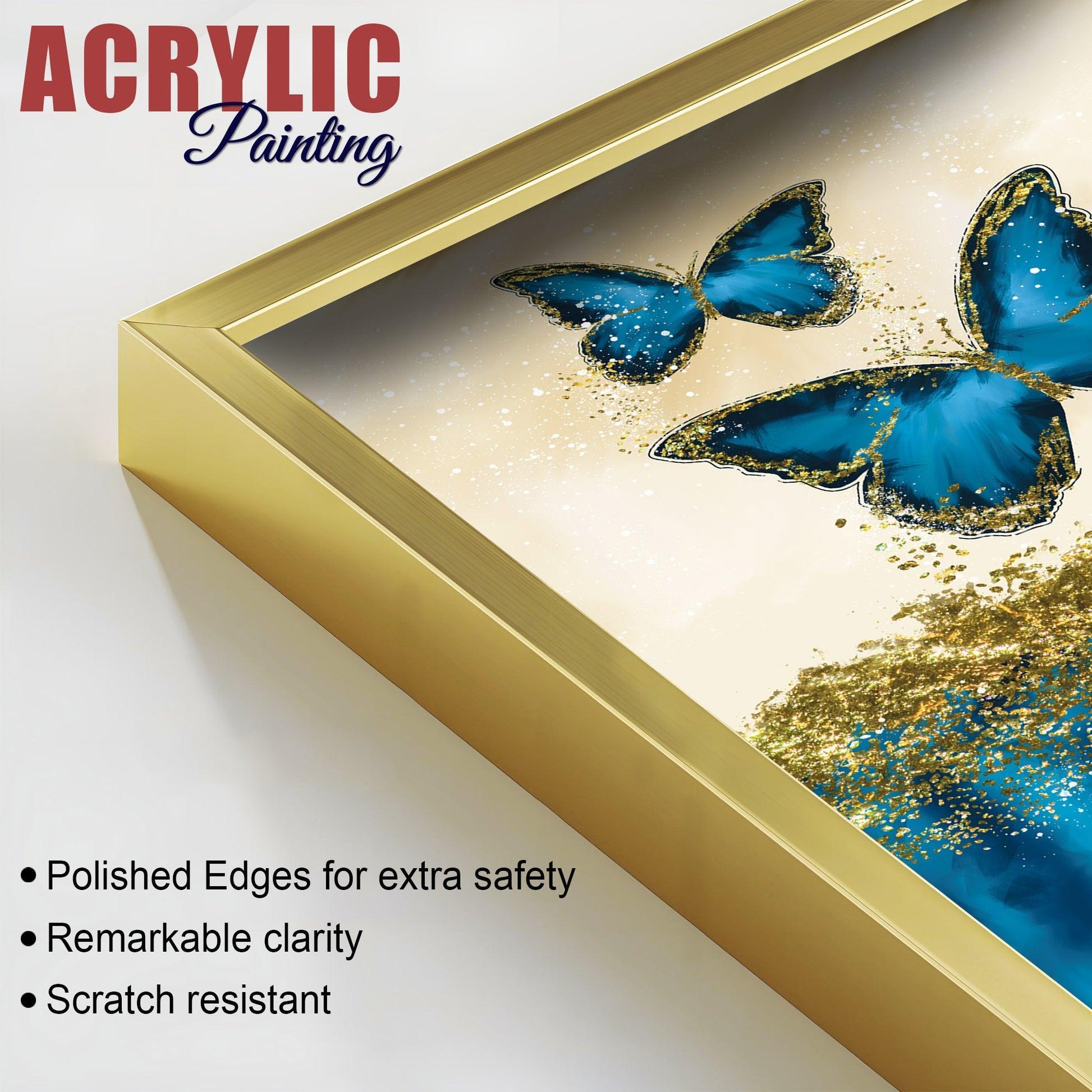 Blue and Golden Butterflies Acrylic Floating Wall Painting Set of 2 - Decor Smart