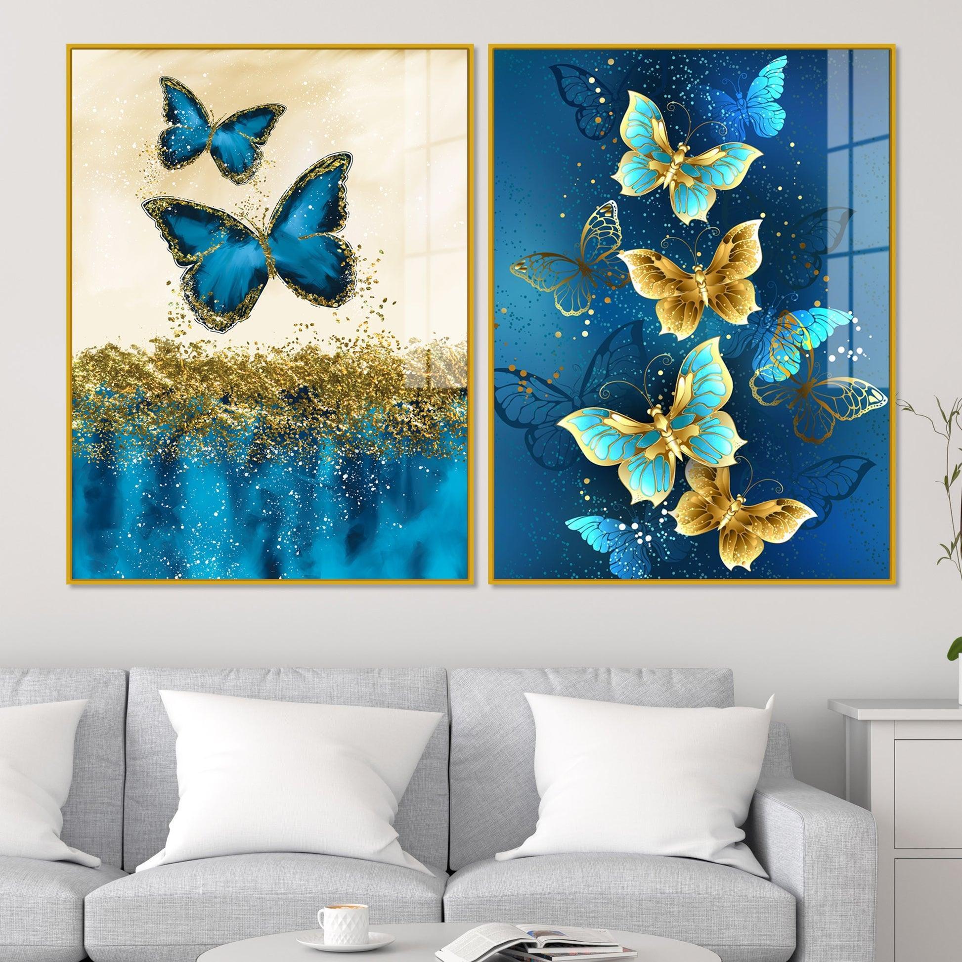 Blue and Golden Butterflies Acrylic Floating Wall Painting Set of 2 - Decor Smart