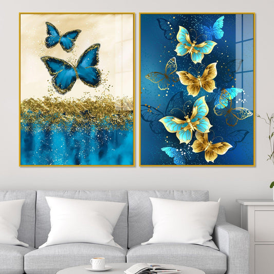 Blue and Golden Butterflies Acrylic Floating Wall Painting Set of 2 - Decor Smart