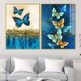 Blue and Golden Butterflies Acrylic Floating Wall Painting Set of 2 - Decor Smart