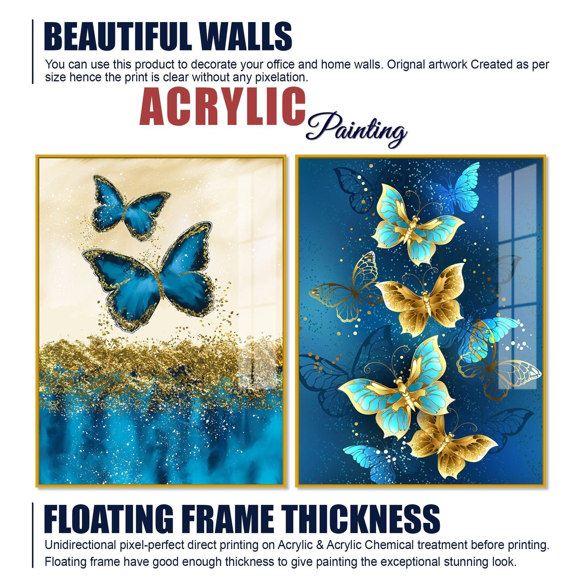 Blue and Golden Butterflies Acrylic Floating Wall Painting Set of 2 - Decor Smart