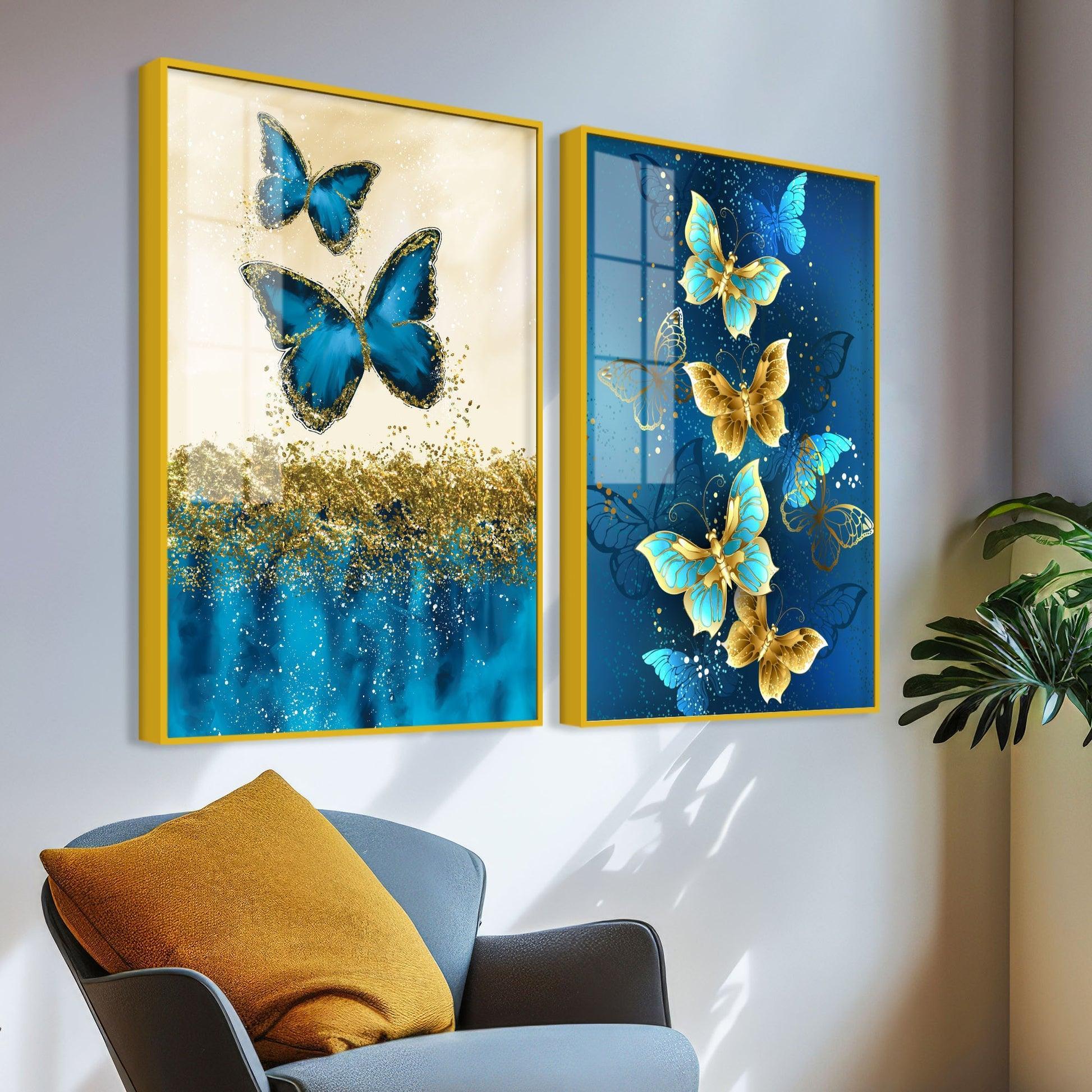 Blue and Golden Butterflies Acrylic Floating Wall Painting Set of 2 - Decor Smart