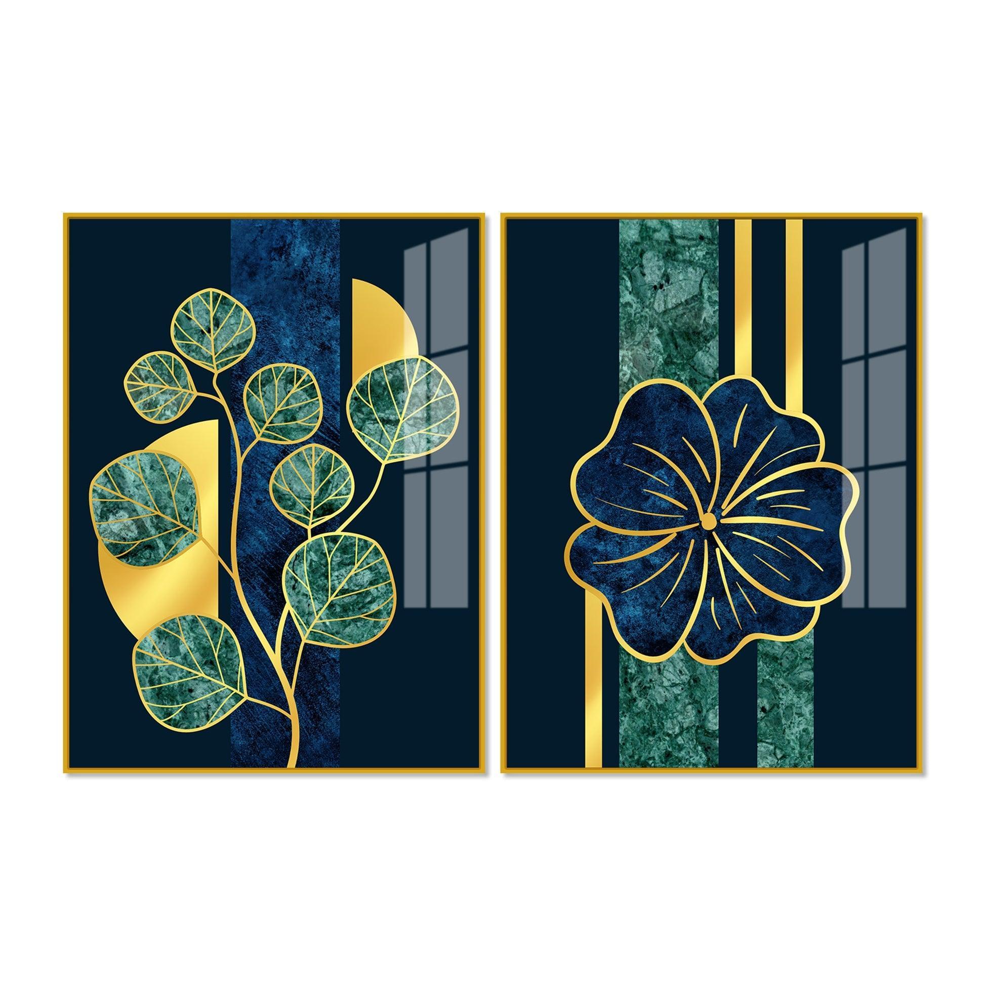 Blue Flower and Green Plant Acrylic Floating Wall Painting Set of 2 - Decor Smart