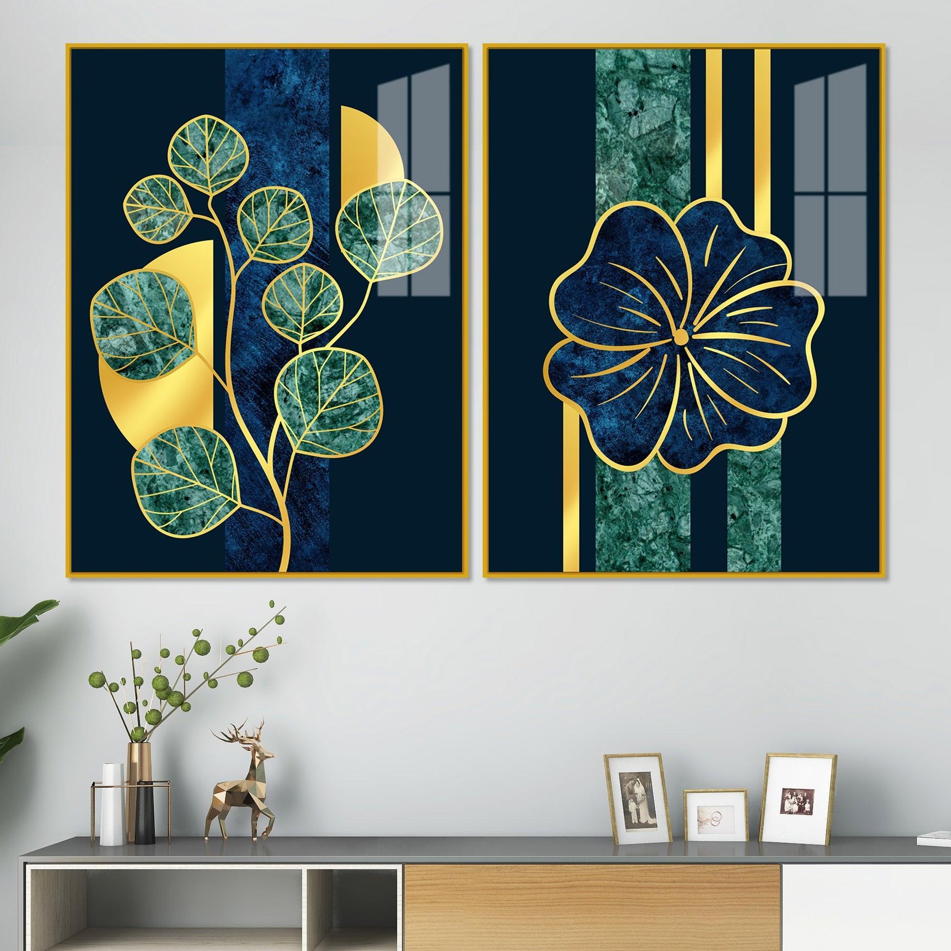 Blue Flower and Green Plant Acrylic Floating Wall Painting Set of 2 - Decor Smart