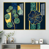 Blue Flower and Green Plant Acrylic Floating Wall Painting Set of 2 - Decor Smart
