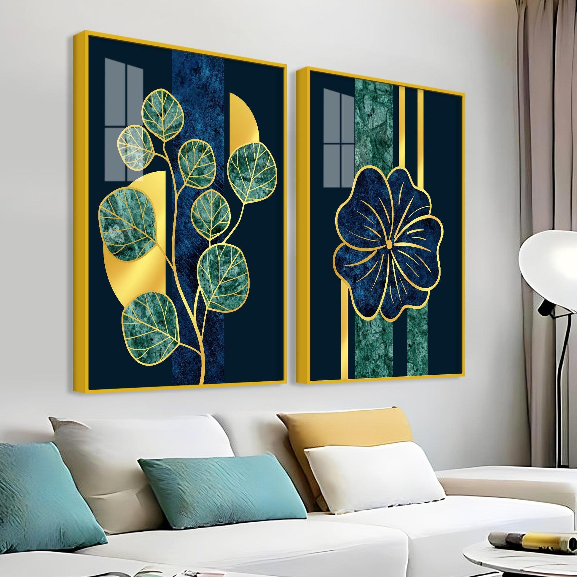 Blue Flower and Green Plant Acrylic Floating Wall Painting Set of 2 - Decor Smart