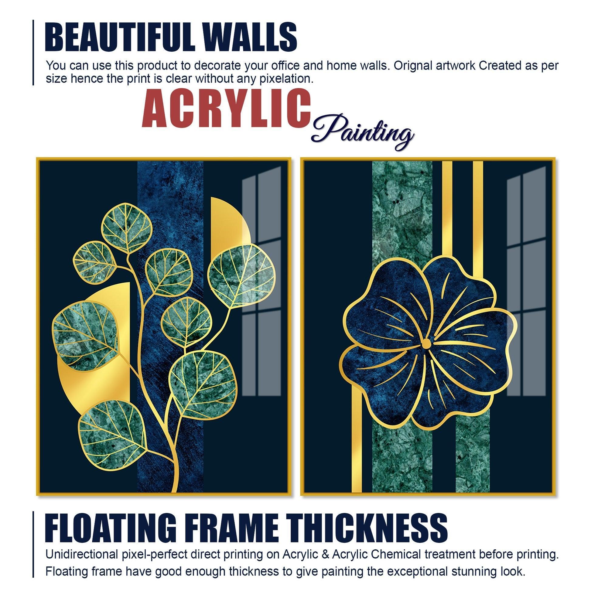 Blue Flower and Green Plant Acrylic Floating Wall Painting Set of 2 - Decor Smart