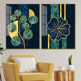 Blue Flower and Green Plant Acrylic Floating Wall Painting Set of 2 - Decor Smart