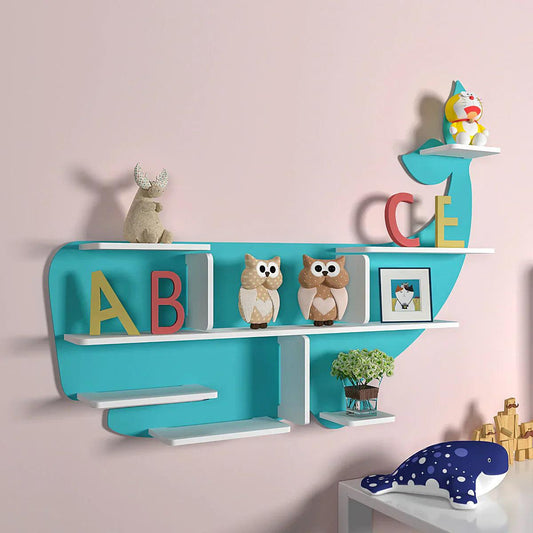 Blue Shark Shaped Wooden Wall Shelf for Kids - Decor Smart