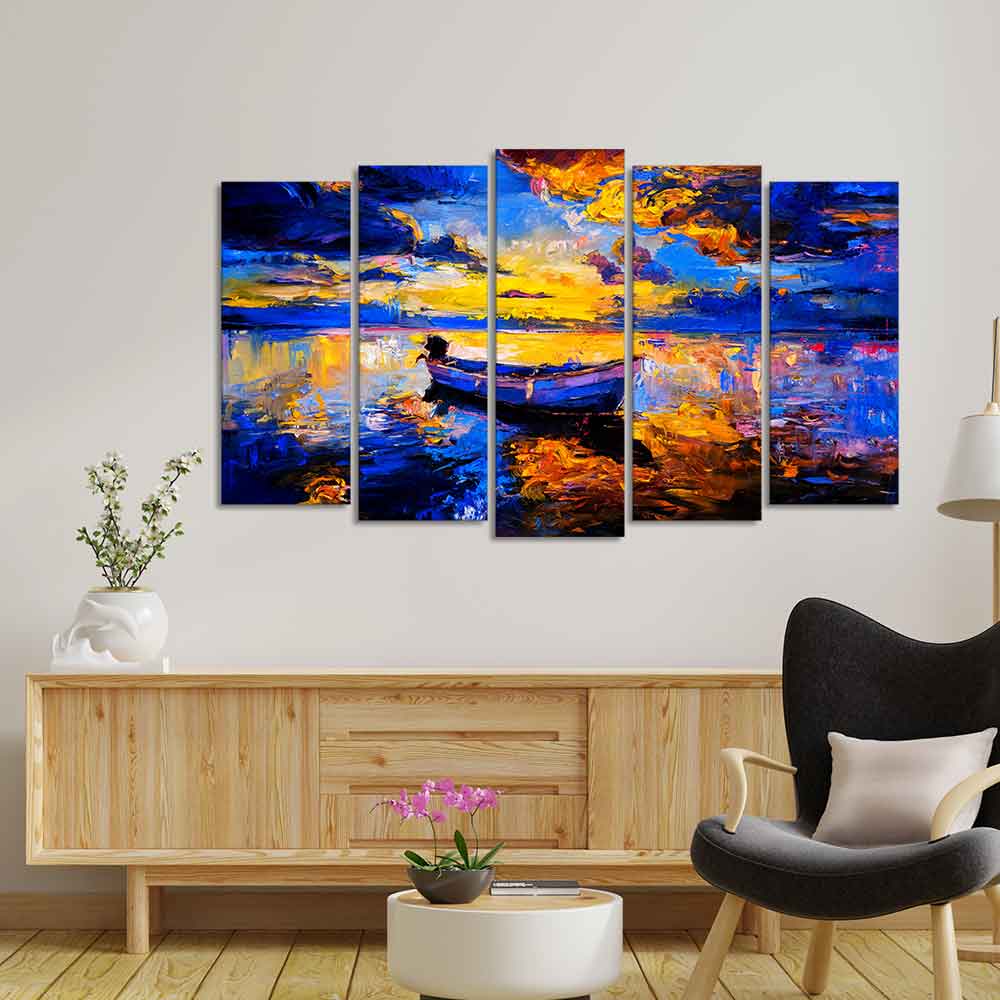 Boat at Colorful Sunset Canvas Wall Painting of Five Pieces - Decor Smart