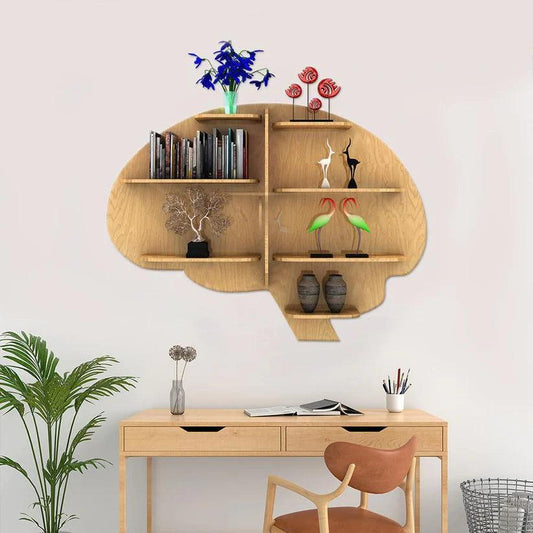 Brain Shape Backlit Designer Wooden Wall Shelf / Book Shelf / Night Light, Light Oak Finish - Decor Smart