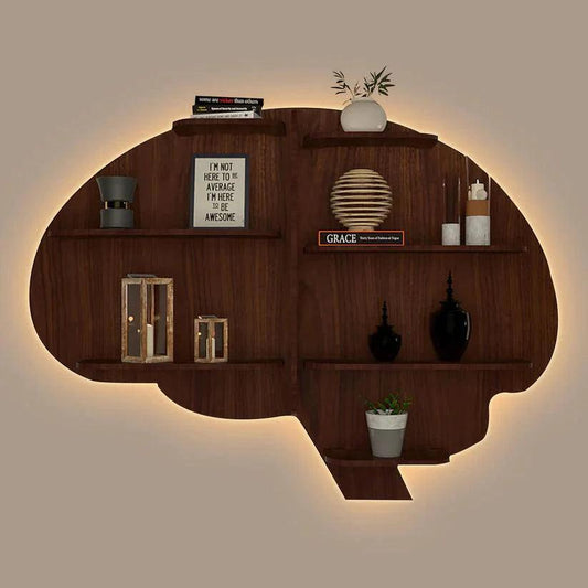 Brain Shape Backlit Designer Wooden Wall Shelf / Book Shelf / Night Light, Walnut Finish - Decor Smart