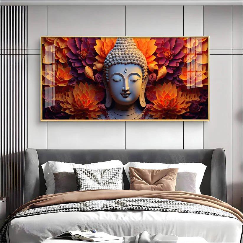 Buddha with Blooming Flower Premium Acrylic Floating Wall Painting - Decor Smart