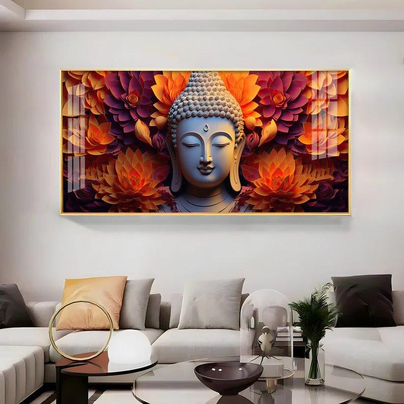 Buddha with Blooming Flower Premium Acrylic Floating Wall Painting - Decor Smart