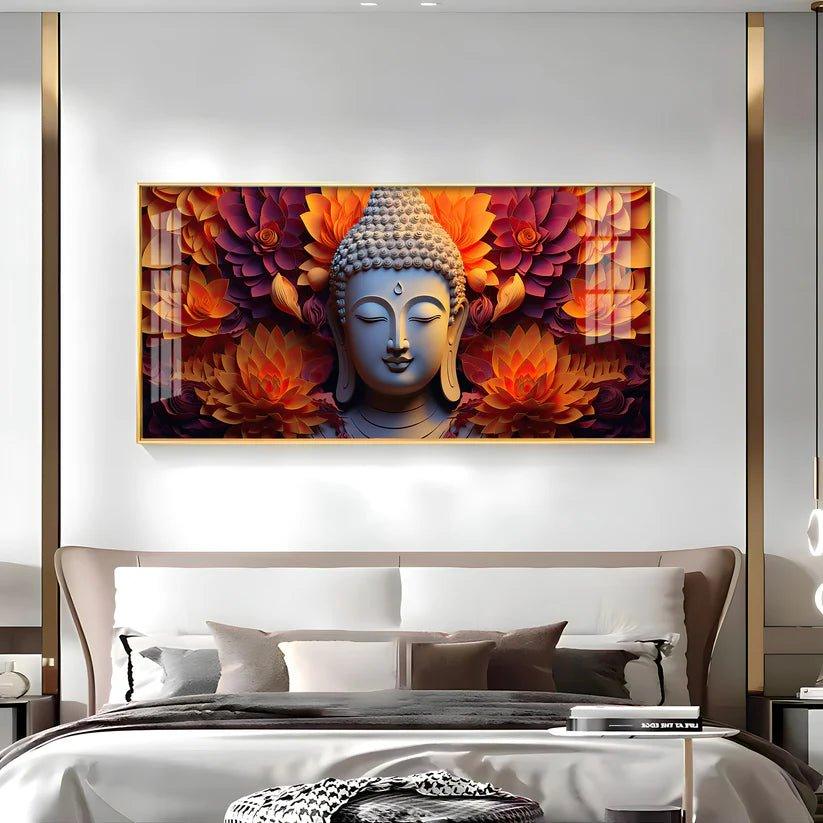 Buddha with Blooming Flower Premium Acrylic Floating Wall Painting - Decor Smart