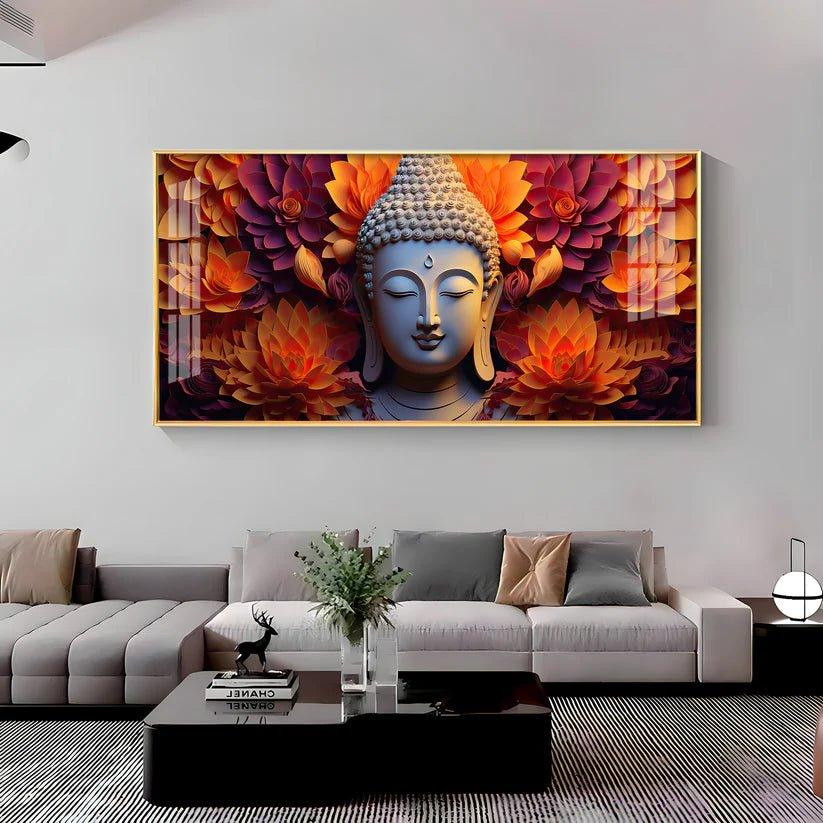 Buddha with Blooming Flower Premium Acrylic Floating Wall Painting - Decor Smart